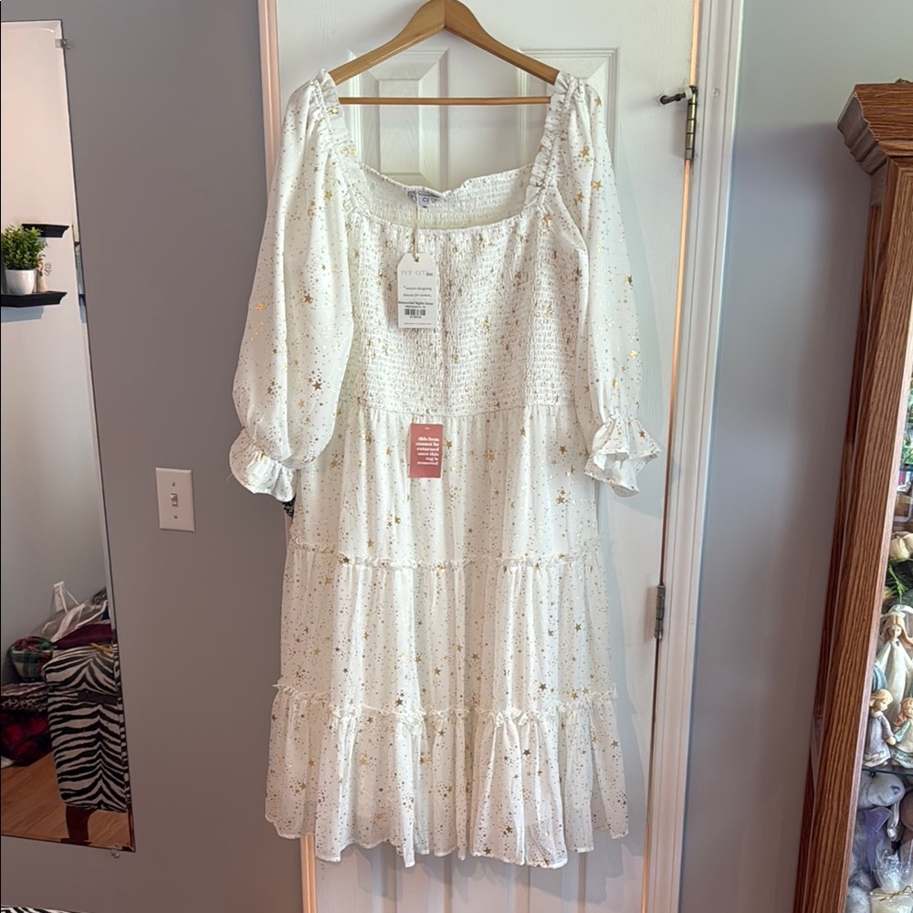 Ivy City Co White and Gold Star Dress